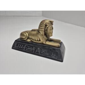 Vintage Egyptian Brass Sphinx Paperweight figurine With A Soapstone Base